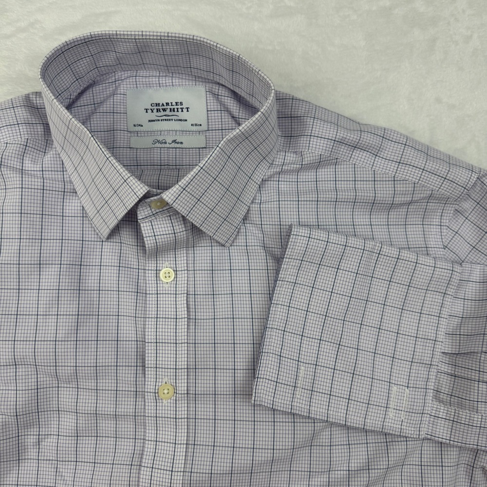 Charles Tyrwhitt Mens Slim Fit Non-Iron Dress Shirt French Cuff Purple 16/34 - Picture 2 of 7